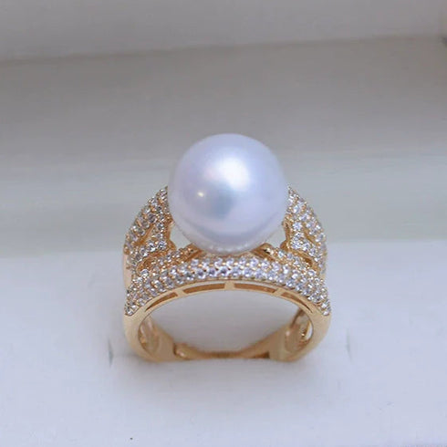 10-11mm Freshwater Pearl Wide Cubic Zirconia Ring - May-Lynn